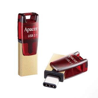 Apacer USB flash disk OTG, USB 3.0, 64GB, AH180, červený, AP64GAH180R-1, USB A / USB C, s otočnou krytkou