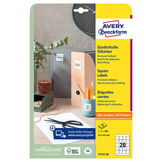 Avery Zweckform etikety 45mm x 45mm, A4, bílé, 20 etiket, pro umístění QR kódů, baleno po 25 ks, L7121-25, pro laserové a inkousto