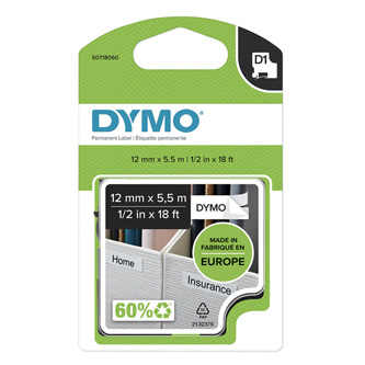 Dymo originální páska do tiskárny štítků, Dymo, 16959, S0718060, černý tisk/bílý podklad, 5.5m, 12mm, D1, speciální - permanentní