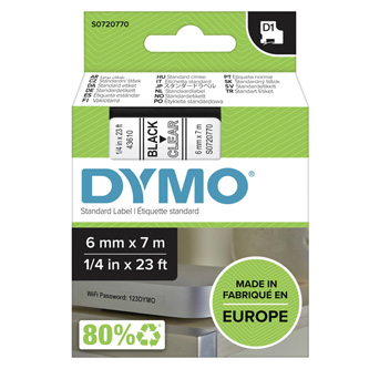 Dymo originální páska do tiskárny štítků, Dymo, 43610, S0720770, černý tisk/průhledný podklad, 7m, 6mm, D1