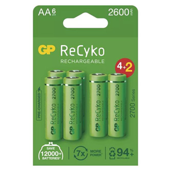 Nabíjecí baterie, AA (HR6), 1.2V, 2600 mAh, GP, papírová krabička, 6-pack, ReCyko
