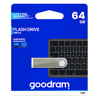 Goodram USB flash disk, USB 2.0, 64GB, UUN2, stříbrný, UUN2-0640S0R11, USB A, s poutkem