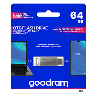 Goodram USB flash disk, USB 3.0, 64GB, ODA3, stříbrný, ODA3-0640S0R11, USB A / USB C, s otočnou krytkou