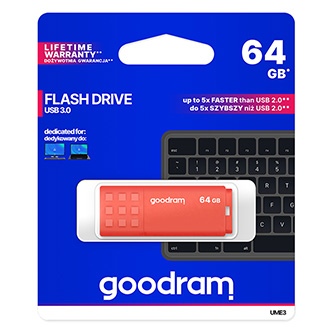 Goodram USB flash disk, USB 3.0, 64GB, UME3, oranžový, UME3-0640O0R11, USB A, s krytkou