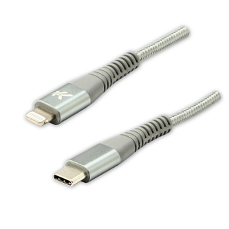 Logo USB kabel (2.0), USB C samec - Apple Lightning samec, 1m, MFi certifikace, 5V/3A, stříbrný, box, nylonové opletení, hliníkový