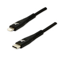 Logo USB kabel (2.0), USB C samec - Apple Lightning samec, 1m, MFi certifikace, 5V/3A, ern, box, nylonov opleten, hlinkov kr