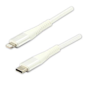 Logo USB kabel (2.0), USB C samec - Apple Lightning samec, 1m, MFi certifikace, 5V/3A, bílý, box, nylonové opletení, hliníkový kry