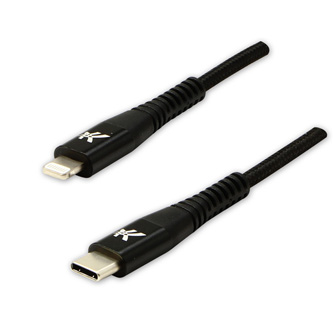 Logo USB kabel (2.0), USB C samec - Apple Lightning samec, 2m, MFi certifikace, 5V/3A, černý, box, nylonové opletení, hliníkový kr