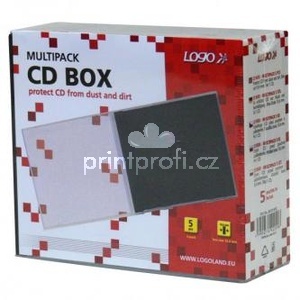 Box na 1 ks CD, prhledn, ern tray, Logo, 10,4 mm, 5-pack