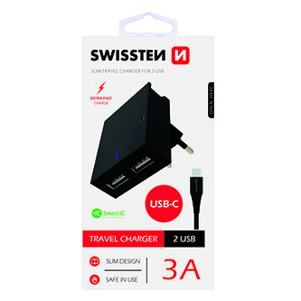 SWISSTEN Síťový adaptér 15W, 2 porty, USB-A, kabel USB-C, stojan na telefon