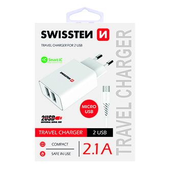 SWISSTEN Síťový adaptér 10W, 2 porty, USB-A, kabel microUSB, Smart IC
