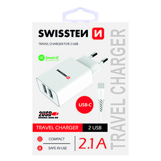 SWISSTEN Síťový adaptér 10W, 2 porty, USB-A, kabel USB-C, Smart IC
