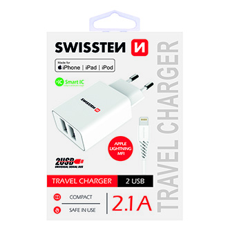SWISSTEN Síťový adaptér 10W, 2 porty, USB-A, kabel Lightning Mfi, Smart IC