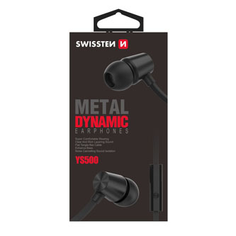 SWISSTEN YS500, sluchátka s mikrofonem, bez ovládání hlasitosti, černá, 2.0, špuntová typ 3.5 mm jack