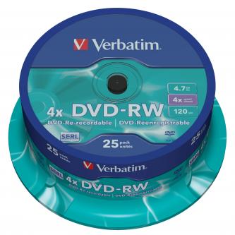 Verbatim DVD-RW, Matt Silver, 43639, 4.7GB, 4x, spindle, 25-pack, bez možnosti potisku, 12cm, pro archivaci dat