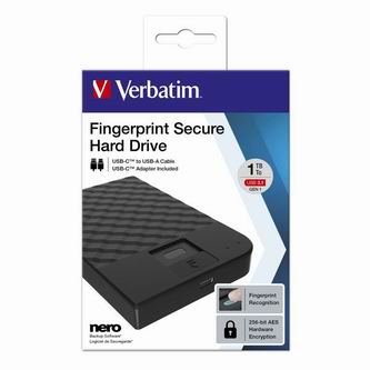 Verbatim externí pevný disk, Fingerprint Secure HDD, 2.5&quot;, USB 3.0 (3.2 Gen 1), 1TB, 53650, černý, šifrovaný s čtečkou otisků prst