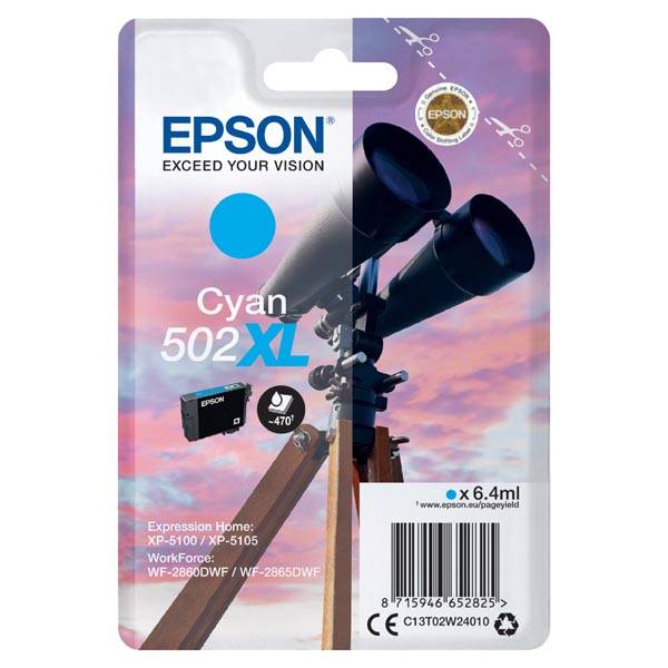 originál Epson 502XL, C13T02W24010 cyan cartridge modrá azurová originální inkoustová náplň pro tiskárnu Epson